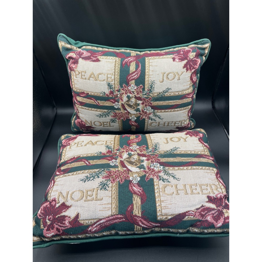 Vtg Tapestry Christmas Throw Pillows‎ Set of 2 Peace Joy Noel Cheer Green 15x11